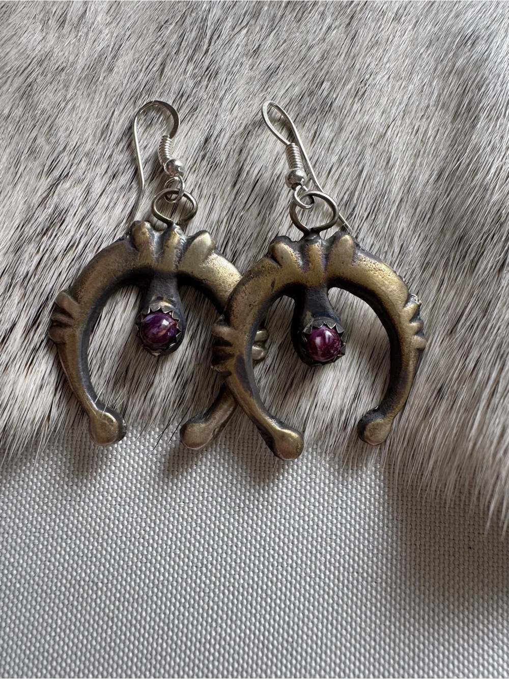 Native American Sterling silver cast Naja earrings with purple spiny